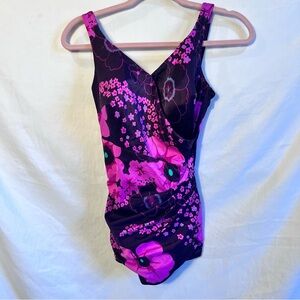 Perfection Fit by Roxanne Vintage Floral Pink and Purple One-Piece Swimsuit